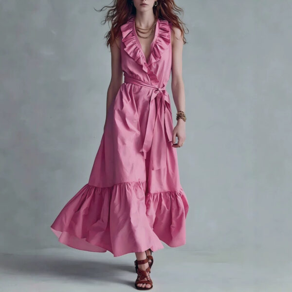 Light Blue V Neck Sleeveless Tie Waist Maxi Dress