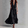 Light Blue V Neck Sleeveless Tie Waist Maxi Dress