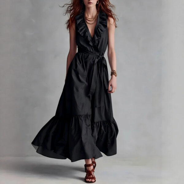 Light Blue V Neck Sleeveless Tie Waist Maxi Dress